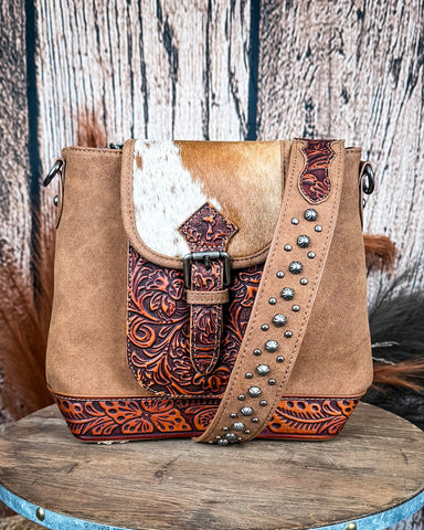 Dusty Trail Tooled Hairon Crossbody Bag in Brown by Trinity Ranch