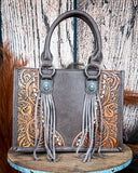 Canyon Nights Tooled Fringe Satchel in Coffee by Montana West