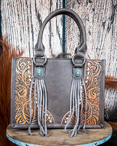Canyon Nights Tooled Fringe Satchel in Coffee by Montana West