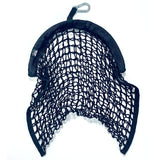Black hay net with a hook on a white background
