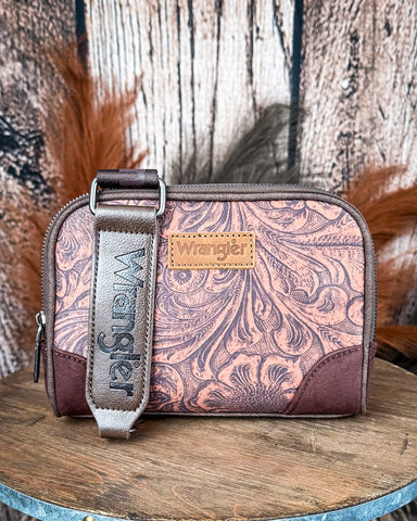 Canyon Trail Tooled Crossbody Bag in Coffee by Wrangler