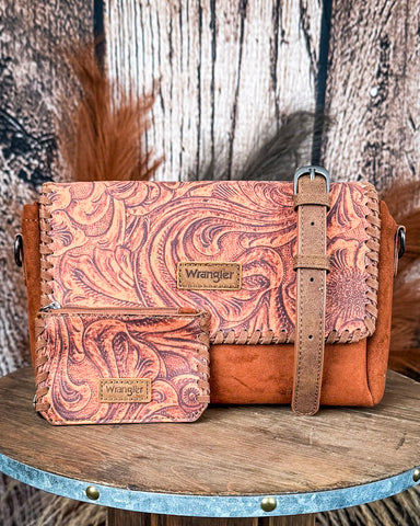 Western Mesa Tooled Crossbody Set in Brown by Wrangler