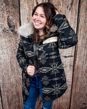 Sierra Quilted Aztec Jacket with Faux Fur Collar – Black & Ivory Wool Blend