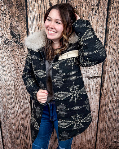Sierra Quilted Aztec Jacket with Faux Fur Collar – Black & Ivory Wool Blend