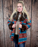 Sedona Luxe Aztec Fur Coat – Turquoise & Maroon Wool Blend