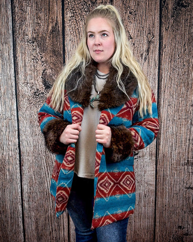 Sedona Luxe Aztec Fur Coat – Turquoise & Maroon Wool Blend