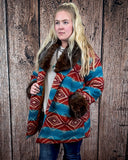 Sedona Luxe Aztec Fur Coat – Turquoise & Maroon Wool Blend