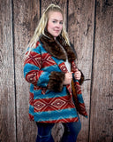 Sedona Luxe Aztec Fur Coat – Turquoise & Maroon Wool Blend