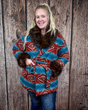 Sedona Luxe Aztec Fur Coat – Turquoise & Maroon Wool Blend