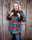 Sedona Luxe Aztec Fur Coat – Turquoise & Maroon Wool Blend