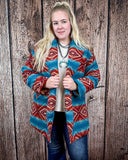 Sedona Luxe Aztec Fur Coat – Turquoise & Maroon Wool Blend