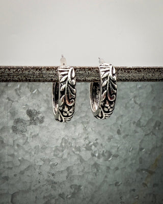 Sable Engraved Mini Hoops in Silver