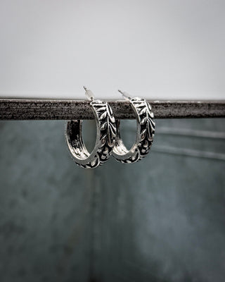 Sable Engraved Mini Hoops in Silver