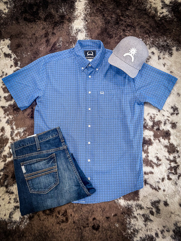 Boone Geometric Print Short Sleeve Arenaflex Button Down Shirt - Royal Blue