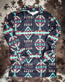 Cabin Fever Pullover displayed on cowhide.