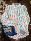 Women's Cinch Button-Up Shirt- White/Orange/Blue