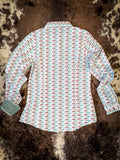 Women's Cinch Button-Up Shirt- White/Orange/Blue