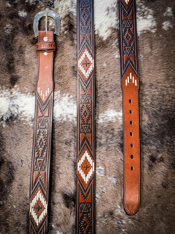 "Choctaw" Roughy Tooled/Laced Belt Brown/Ivory/Black Aztec