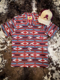 Blake Cinch Men's Blanket Stripe Short Sleeve Camp Shirt- Burgundy/ Navy/ White