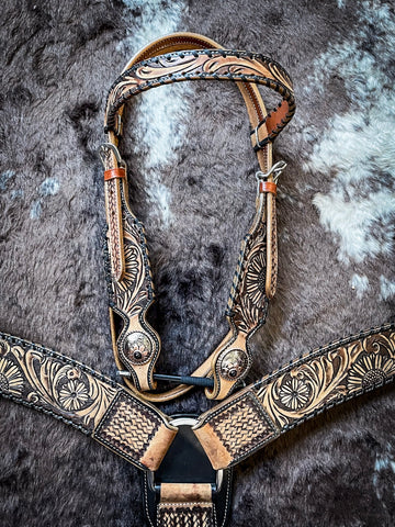 Silver Royal Sunflower and Black Lace Headstall and Breast Collar Set