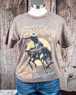 Cowboy Rodeo Show Boyfriend Tee in Mocha Mineral Wash