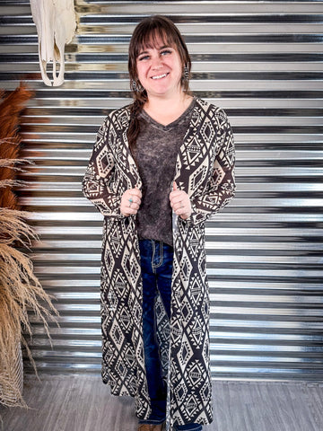 Delta Black and Ivory Aztec Long Sleeve Mesh Duster - Western Fashion - Bronco Western Supply Co.