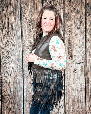 Sawyer Fringe Tier Vest in Brown by Lucky and Blessed