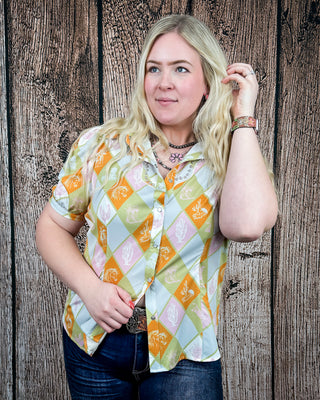 Celeste Puff Sleeve Studded Pearl Snap Shirt in Checkered Print by Lucky and Blessed