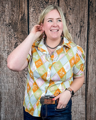 Celeste Puff Sleeve Studded Pearl Snap Shirt in Checkered Print by Lucky and Blessed