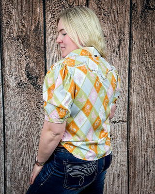 Celeste Puff Sleeve Studded Pearl Snap Shirt in Checkered Print by Lucky and Blessed