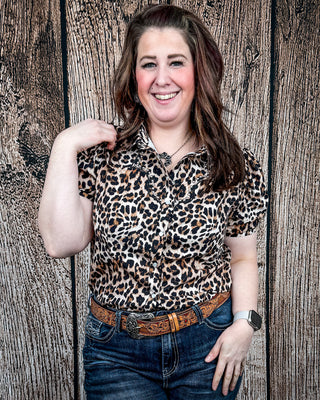 Celeste Puff Sleeve Studded Pearl Snap Shirt in Leopard by Lucky and Blessed