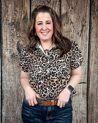 Celeste Puff Sleeve Studded Pearl Snap Shirt in Leopard by Lucky and Blessed