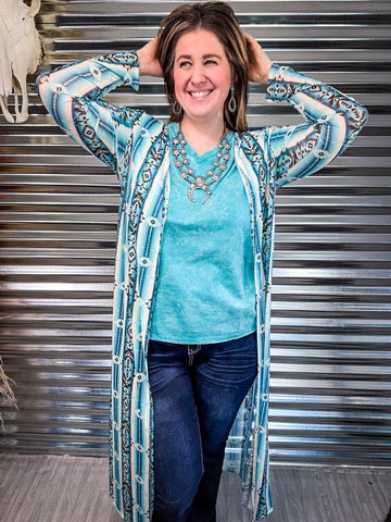 Adelina Teal Aztec Serape Long Sleeve Mesh Duster - Western Fashion - Bronco Western Supply Co.