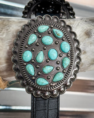 Ravenstone Turquoise Concho Belt in Black by Lucky and Blessed