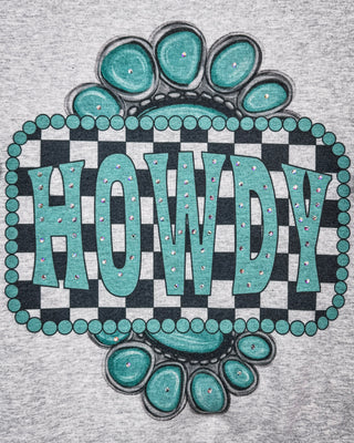 Turquoise Check Rhinestone Howdy Sweatshirt in Gray