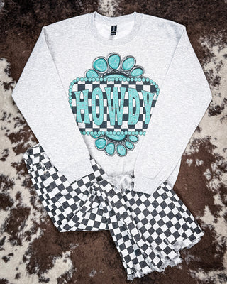 Turquoise Check Rhinestone Howdy Sweatshirt in Gray