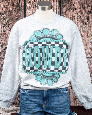 Turquoise Check Rhinestone Howdy Sweatshirt in Gray