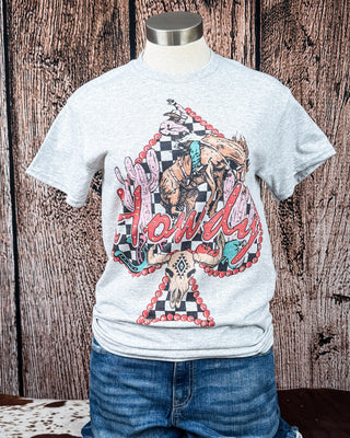 Scarlet Spade Rhinestone Howdy Tee in Gray
