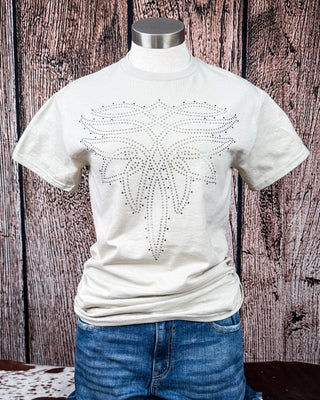 Saddle Trace Rhinestone Boot Stitch Tee in Tan