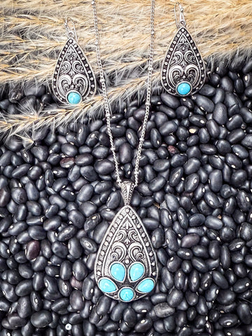 Jessamina - Western - Filigree - Teardrop - Stone - Necklace Set - Bronco Western Supply Co.