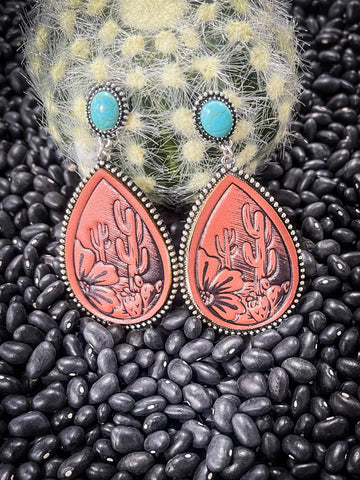 Reese Turquoise and Cactus Tooled Leather Stud Earrings Jewelry Bronco Western Supply Co. Bronco Western Supply Co. 