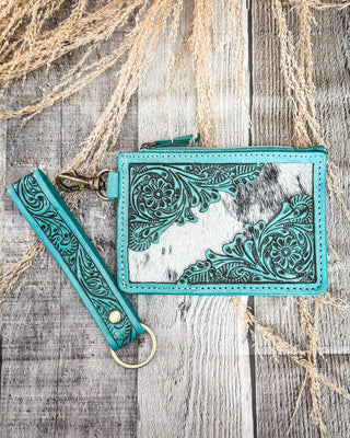 Sage River Hand Tooled Hairon Leather Card Holder in Frontier Aqua By Myra Bag