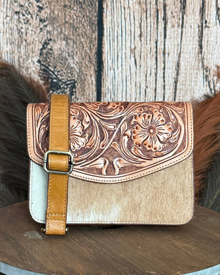 Bridle Blossom Hand Tooled Hairon Leather Bag in Amber Carve By Myra Bag