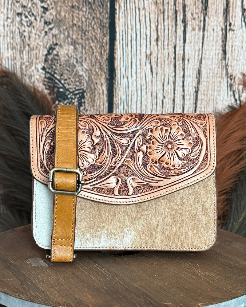 Bridle Blossom Hand Tooled Hairon Leather Bag in Amber Carve By Myra Bag