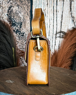 Bridle Blossom Hand Tooled Hairon Leather Bag in Amber Carve By Myra Bag