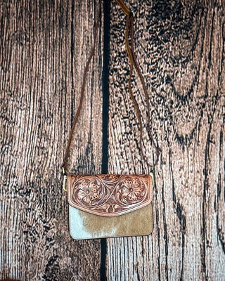 Bridle Blossom Hand Tooled Hairon Leather Bag in Amber Carve By Myra Bag