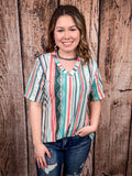 Dalia - Mint - Coral - Serape Print - Short Sleeve - V Neck Top - L&B - Bronco Western Supply Co.
