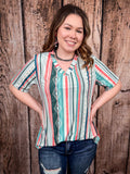 Dalia - Mint - Coral - Serape Print - Short Sleeve - V Neck Top - L&B - Bronco Western Supply Co.