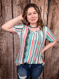 Dalia - Mint - Coral - Serape Print - Short Sleeve - V Neck Top - L&B - Bronco Western Supply Co.