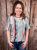 Dalia - Mint - Coral - Serape Print - Short Sleeve - V Neck Top - L&B - Bronco Western Supply Co.
